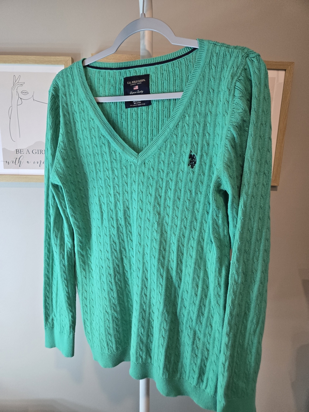 U.S. Polo Assn. Women's V-Neck Cable Knit Sweater - Teal Green